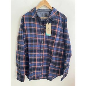 prAna NEW Golden Canyon Flannel Rich Sapphire Plaid Snap Front Women's Shirt Lg